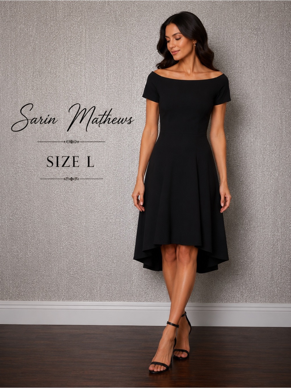 Sarin Mathews Black Gentle Hi-Lo Fit & Flare Bateau Neck Dress Size L